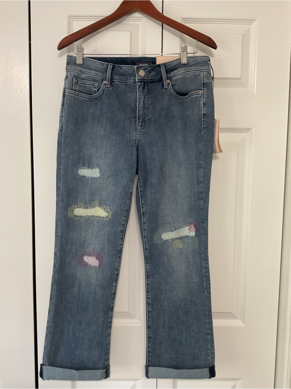 NYDJ Blue Distressed Patch Jeans
